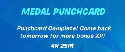 A completed medal punchcard in Fortnite and the message to come back tomorrow for more bonus XP
