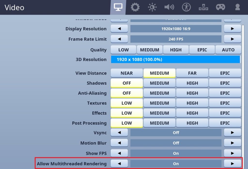 Allow multithreaded rendering turned on in Fortnite video settings