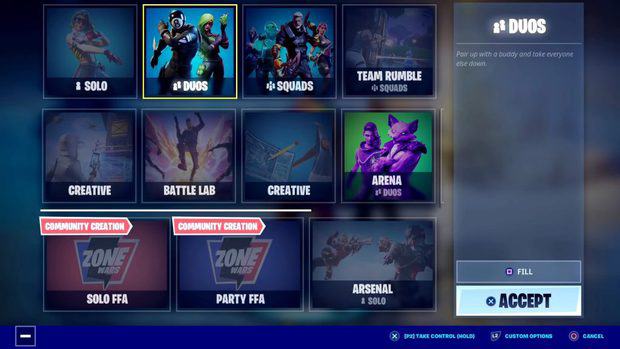 An image of the game mode selection screen showing only duos and squads is available in split screen mode