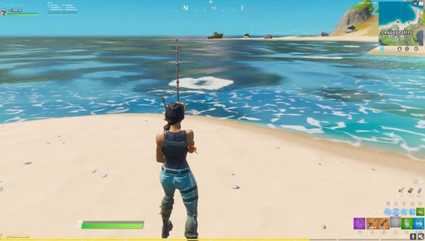 Casting a fishing rod in Fortnite at Craggy Cliffs