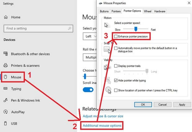 Disabling enhanced pointer precision in Windows mouse settings