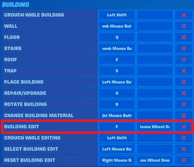 Fortnite building edit keybind