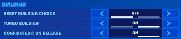 Fortnite building settings, reset building choice off, turbo building on, confirm edit on release on