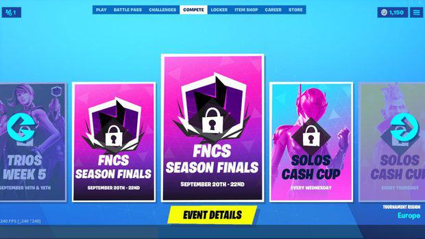 Fortnite compete tab showing past tournaments