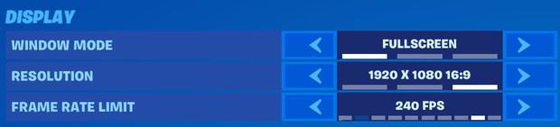 Fortnite display settings window mode fullscreen, resolution 1920 x 1080, and frame rate limit 240 FPS.