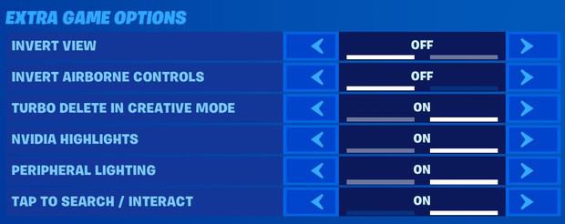Fortnite extra game options, invert view off, invert airborne controls off, turbo delete in creative mode on, nvidia highlights on, peripheral lighting on, tap to search/interact on