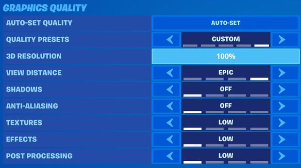 Fortnite graphics quality settings view distance epic, shadows off, anti-aliasing off, textures low, effects low, post processing low