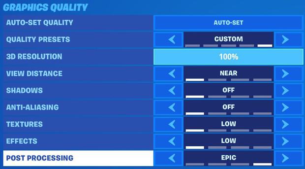 Increasing the post processing graphics quality setting in Fortnite to Epic