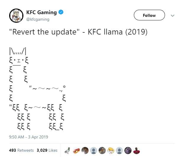 KFC Fortnite tweet to revert the update