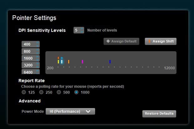 Logitech gaming software pointer settings for DPI sensitivity levels