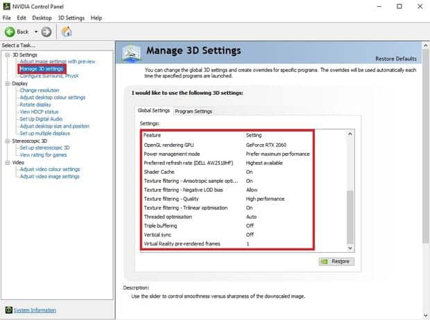 NVIDIA control panel manage 3D settings (2)