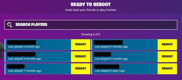 List of friends available in the Fortnite Reboot a Friend beta