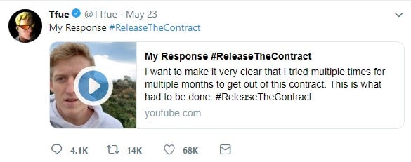 Tfue posts #ReleaseTheContract on Twitter