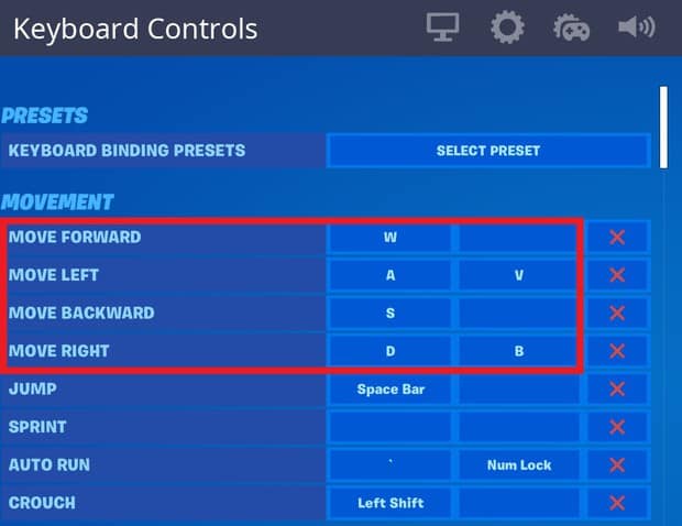 Setting up double movement keybinds in the Fortnite settings
