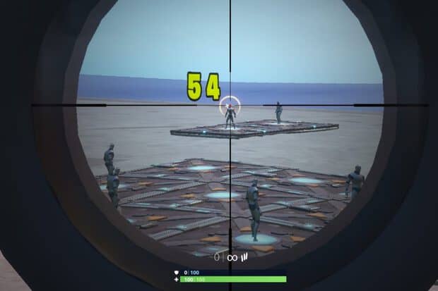 Shooting a bot in the head using a scoped assault rifle