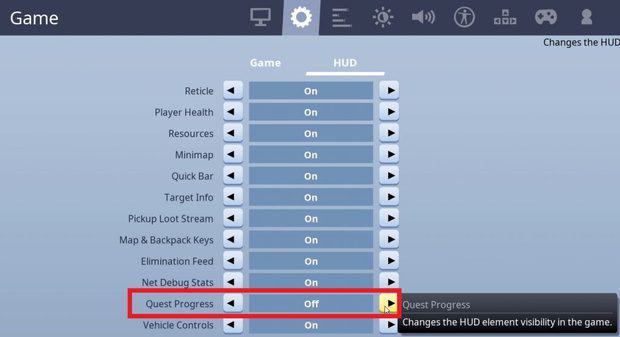 Turning off quest progress within the HUD settings in Fortnite