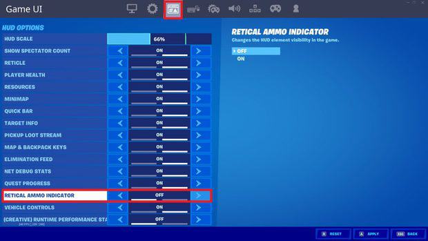 Turning off reticle ammo indicator in Fortnite game UI settings