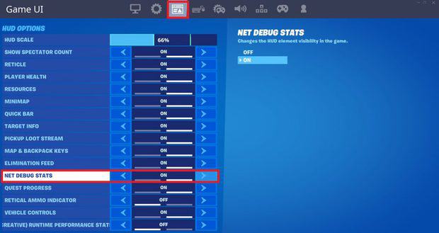 Turning on net debug stats in Fortnite Chapter 2 to show ping during game