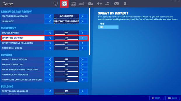 Turning on sprint by default in the Fortnite game settings